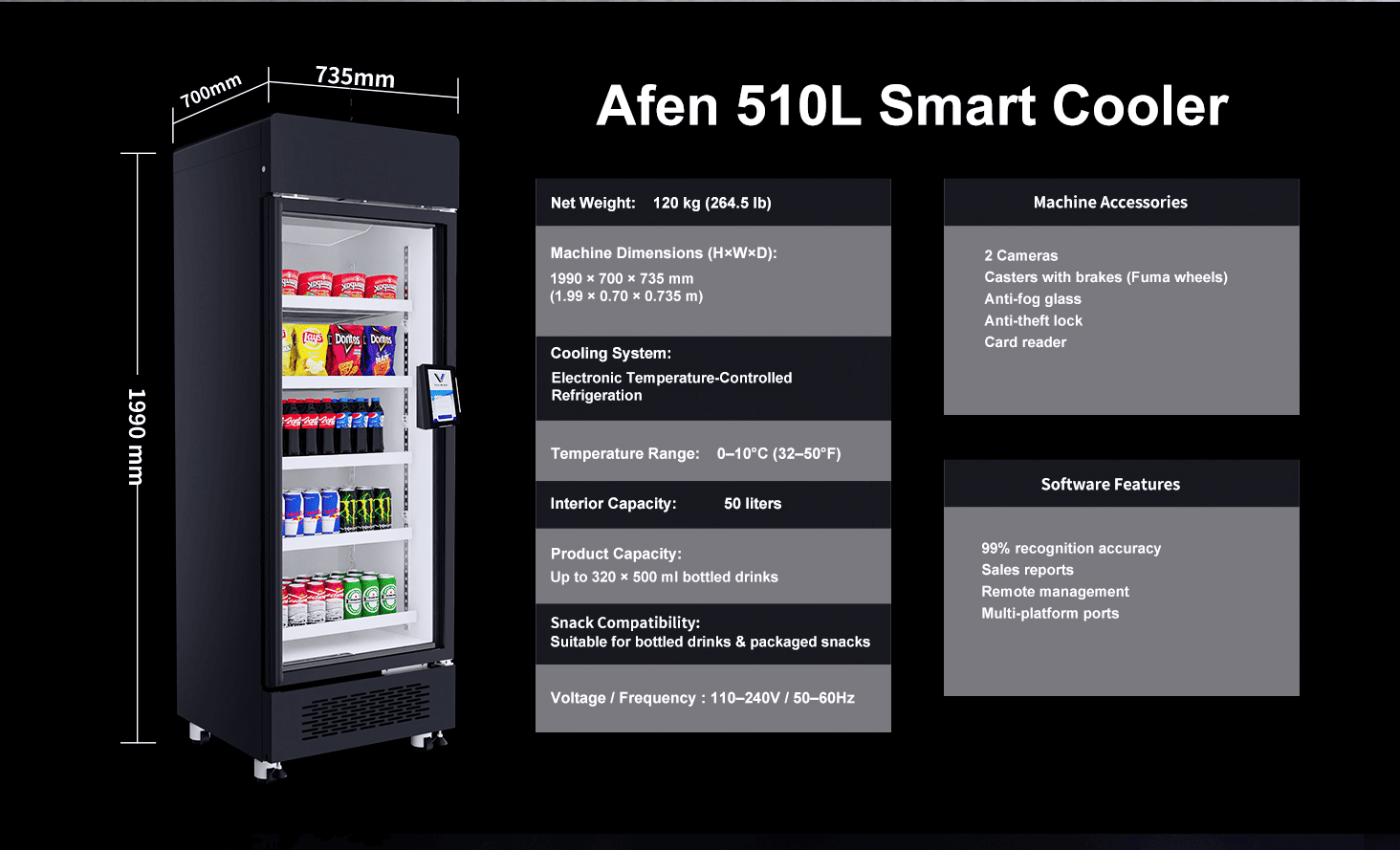 Αυτόματος πωλητής AI AFEN Smart Cooler 510L Διαστάσεις και χωρητικότητα Χωρητικότητα αποθήκευσης υψηλής πυκνότητας του αυτόματου πωλητή AFEN AI που μεγιστοποιεί την απόδοση επένδυσης (ROI) λιανικής σε ένα συμπαγές μέγεθος